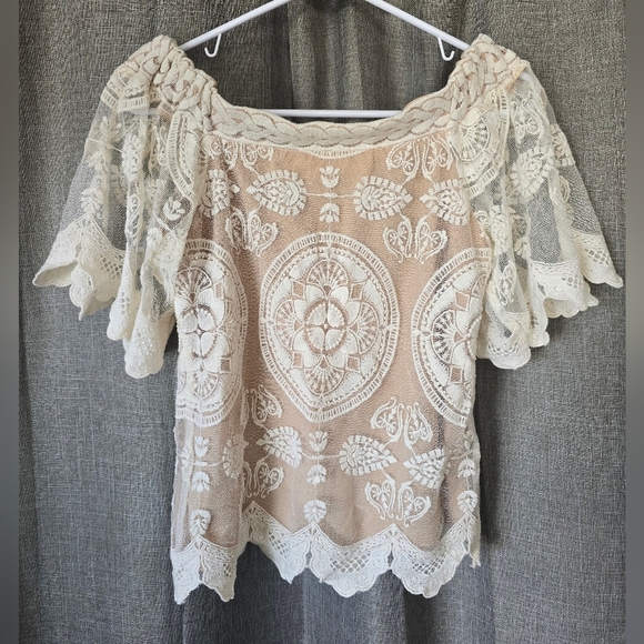 Jens Pirate Booty Womens Blouse Ivory Short Sleeve Lined Embroidered Lace Boho S - Picture 4 of 6